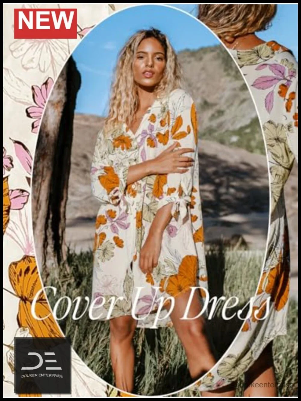 Floral Mini Dress 3/4 Sleeve Button Down Beach Cover Up Top